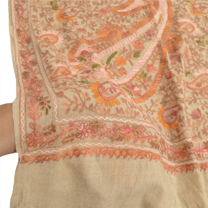 Sanskriti Vintage Long Ivory Pure Woolen Shawl Handmade Ari Work Scarf Stole