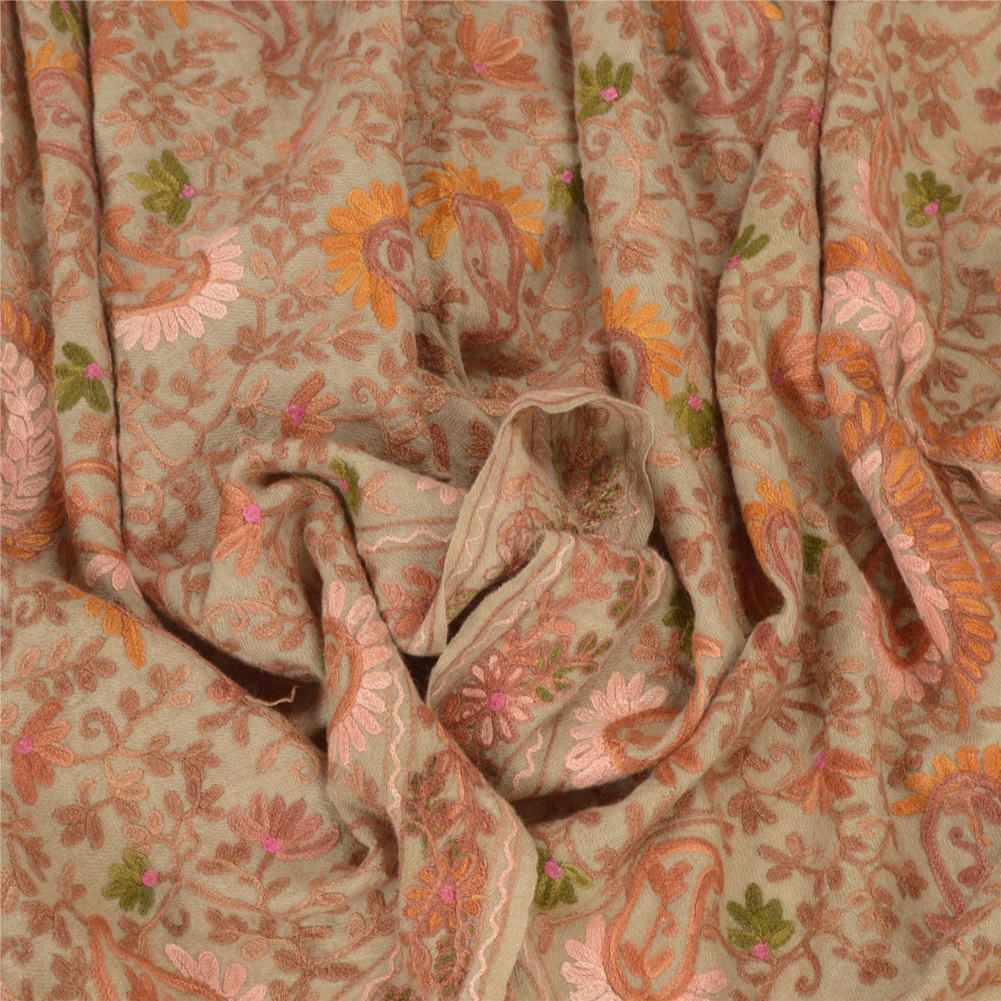 Sanskriti Vintage Long Ivory Pure Woolen Shawl Handmade Ari Work Scarf Stole