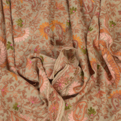 Sanskriti Vintage Long Ivory Pure Woolen Shawl Handmade Ari Work Scarf Stole