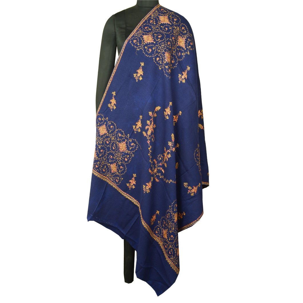 Sanskriti Vintage Long Stole Blue Pure Woolen Shawl Handmade Suzani Soft Scarf