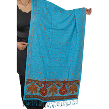 Load image into Gallery viewer, SANSKRITI NEW HAND EMBROIDERED WOOLEN BLUE SHAWL SCARF STOLE WARM FRINGES
