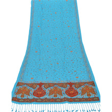 Load image into Gallery viewer, SANSKRITI NEW HAND EMBROIDERED WOOLEN BLUE SHAWL SCARF STOLE WARM FRINGES
