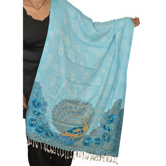 Sanskriti Vintage Indian Woven Viscose Blue Shawl Scarf Stole Warm Peacock