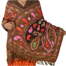 Load image into Gallery viewer, Sanskriti New Hand Embroidered Woven Aari Work Brown Shawl Scarf Viscose Stole
