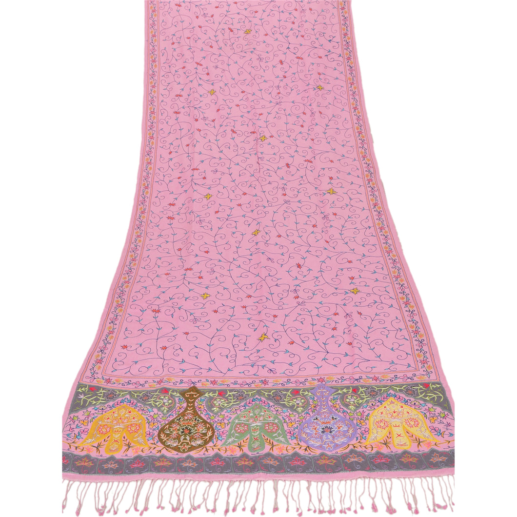 Sanskriti New Hand Embroidered Pink Shawl Scarf Woolen Stole Patch Work Warm