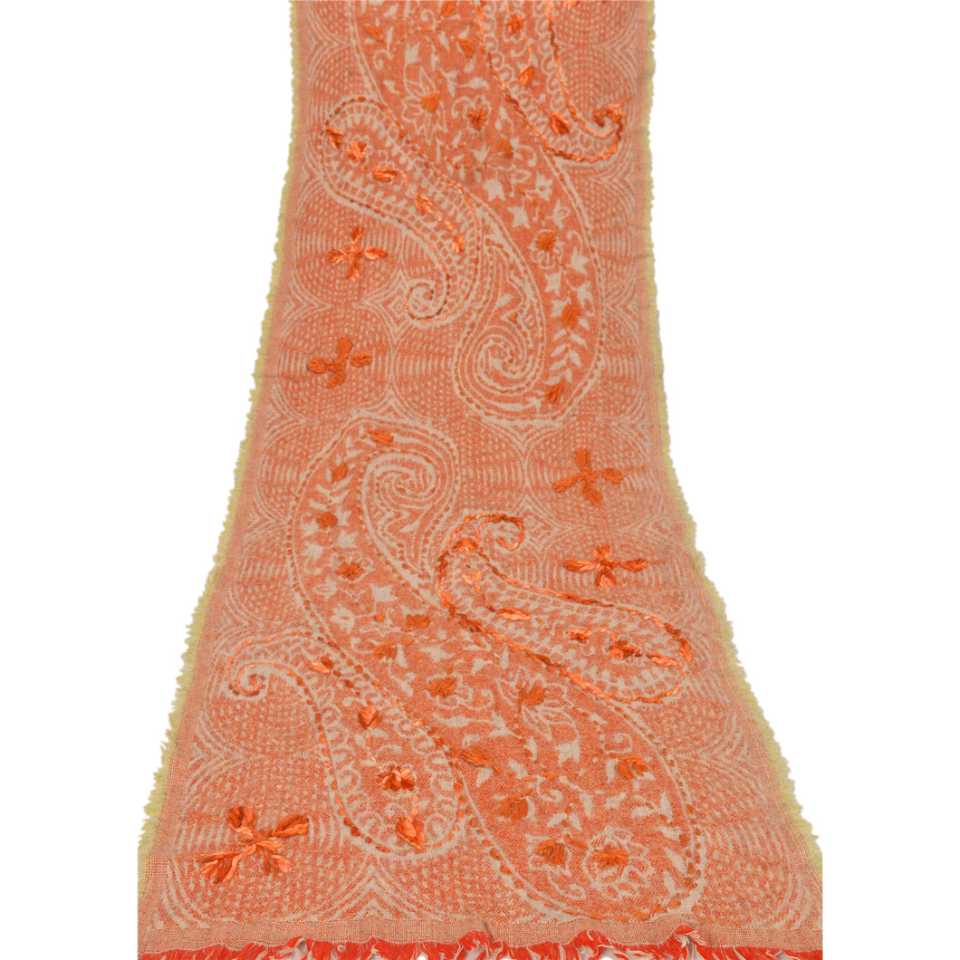 Sanskriti New Hand Embroidered Orange Shawl Scarf Boil Wool Stole Warm Paisley