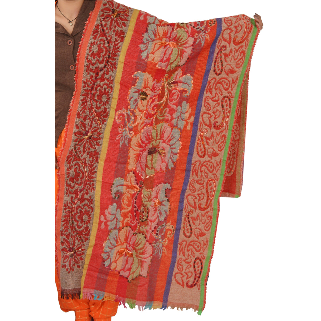 SANSKRITI NEW HAND EMBROIDERED SHAWL SCARF BOIL WOOL RED STOLE WARM