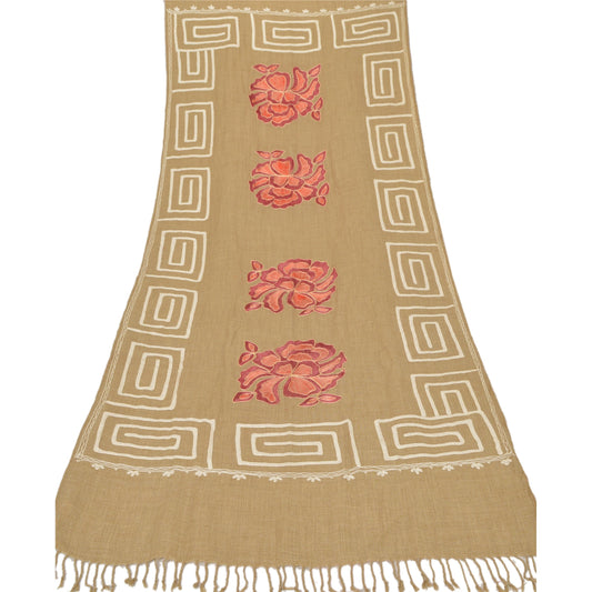 Sanskriti Vintage Ari Zama New Hand Embroidered Kashmiri Shawl Scarf Viscose Stole Brown