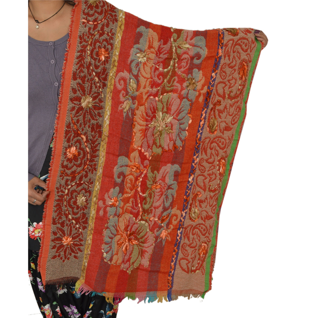 Sanskriti New Hand Embroidered Shawl Scarf Boil Wool Stole Warm Paisley Orange
