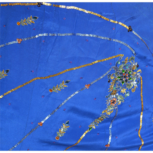 Sanskriti Vintage Hand Beaded Lehenga Indian Skirt Blue Pure Crepe Silk Party Kundan Sequins