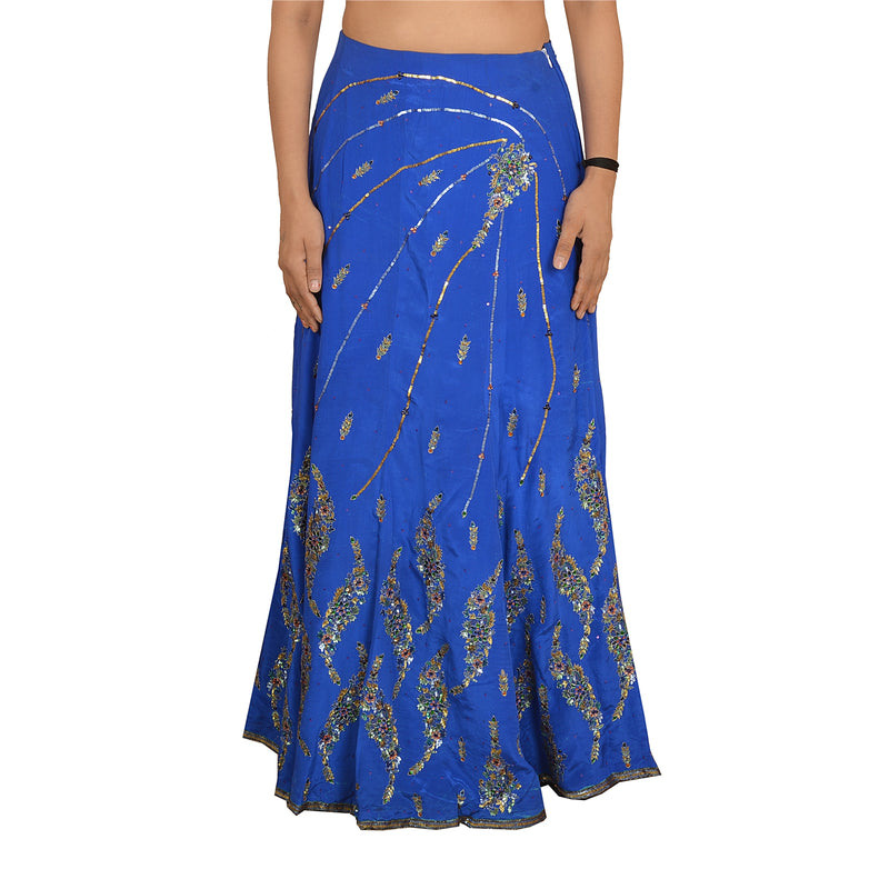 Sanskriti Vintage Håndperlet Lehenga Indisk Nederdel Blå Ren Crepe Silke Fest Kundan Pailletter