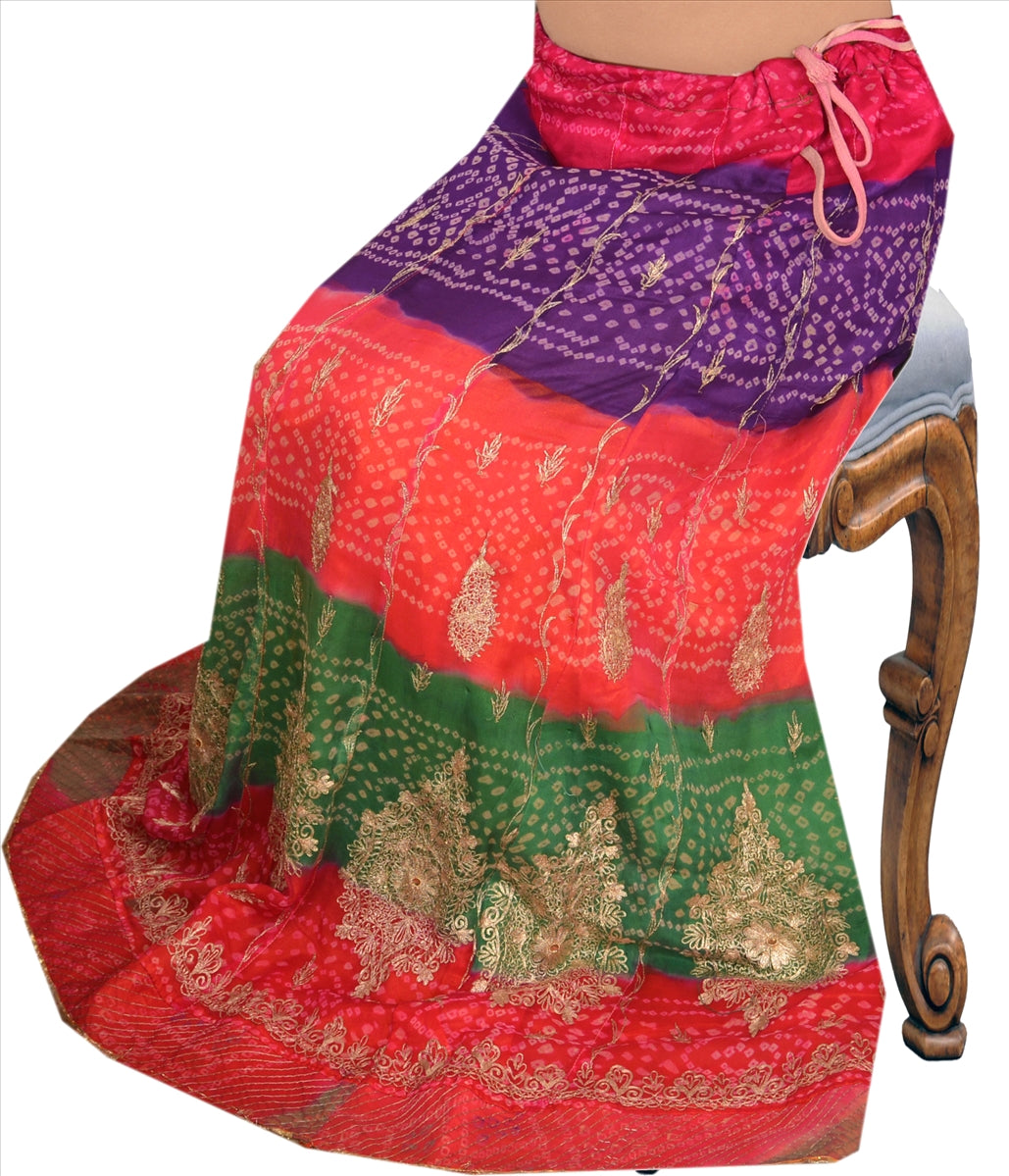 Vintage Indian Bollywood Women Long Skirt Hand Beaded Bandhani L Size Lehenga