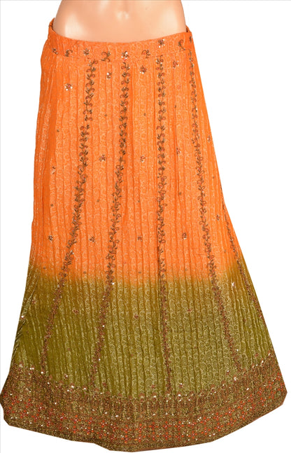 Sanskriti Vintage Indian Bollywood Women Long Skirt Hand Beaded Woven Green L Size Lehenga
