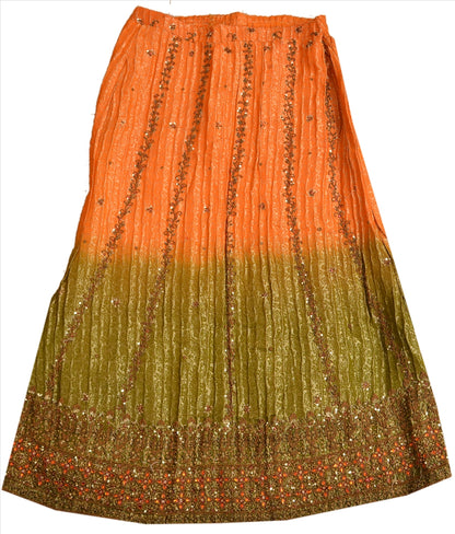 Sanskriti Vintage Indian Bollywood Women Long Skirt Hand Beaded Woven Green L Size Lehenga