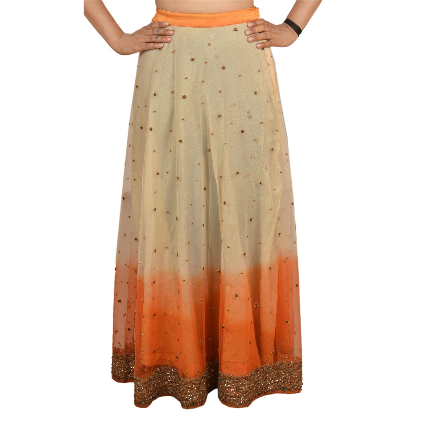 Sanskriti Vintage Hand Beaded Lehenga Skirt Cream Party Sequins Rhinestones