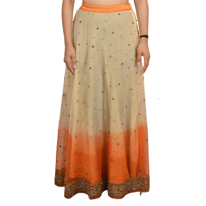 Sanskriti Vintage Hand Beaded Lehenga Skirt Cream Party Sequins Rhinestones