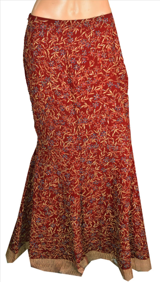 Sanskriti Vintage Indian Bollywood Women Long Skirt Hand Beaded Maroon M Size Lehenga