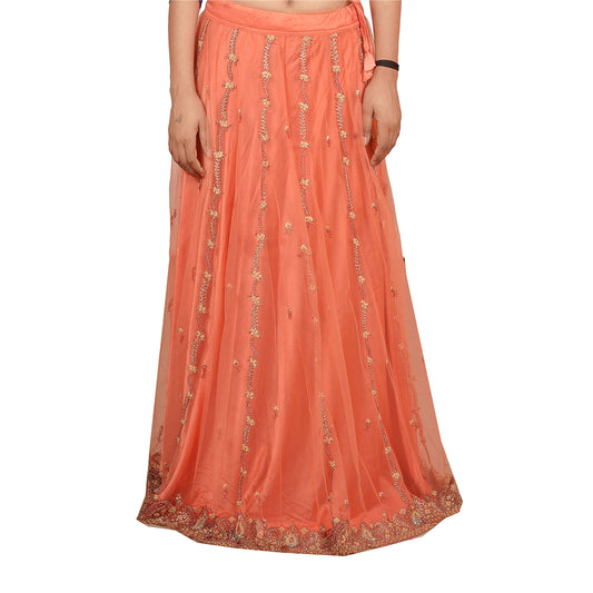 Sanskriti Vintage Hand Beaded Lehenga Indian Skirt Peach Party Zardozi