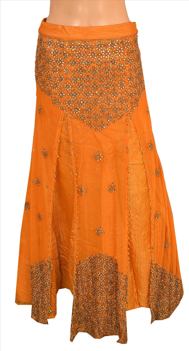 Sanskriti Vintage Indian Bollywood Women Long Skirt Hand Beaded Orange S Size Lehenga