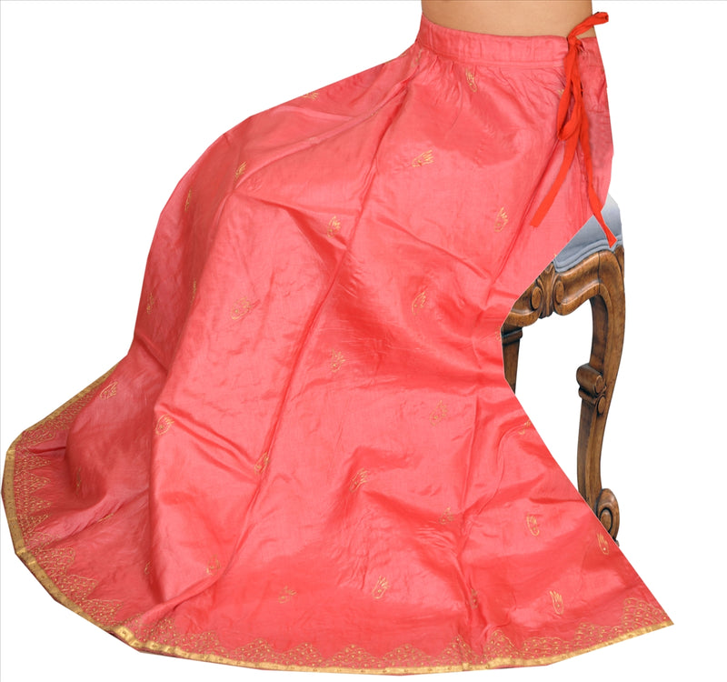 Sanskriti Vintage Peach Pure Silk Skirt Long Hand Beaded Indian Bollywood Women M Size