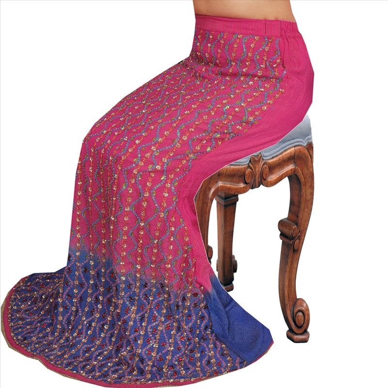 Sanskriti Vintage Pink & Blue Pure Silk Skirt Hand Beaded Sequins & Woven Work Indian Bollywood Women Long M Size