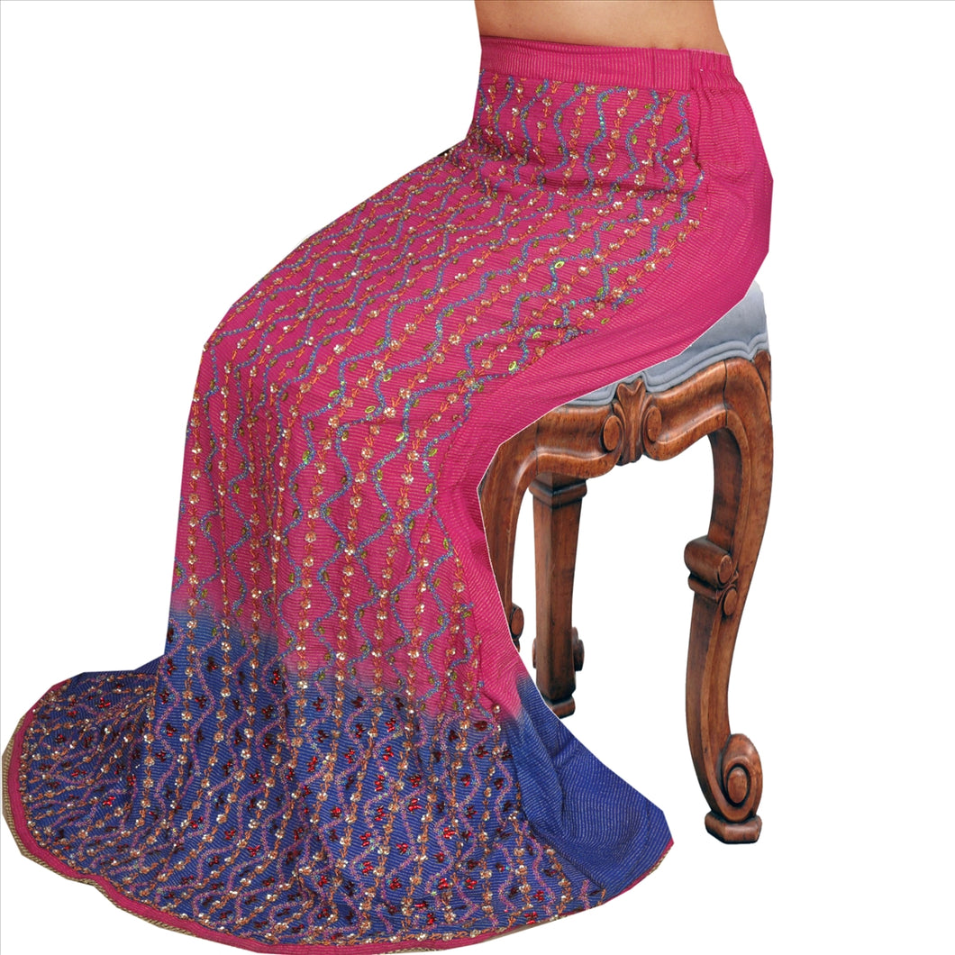 Sanskriti Vintage Indian Bollywood Women Long Skirt Hand Beaded Blue M Size Lehenga