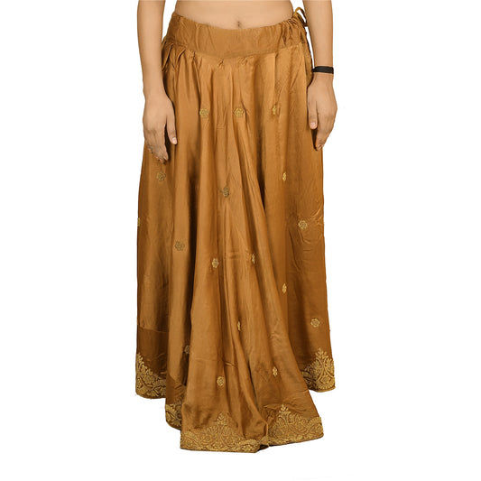 Sanskriti Vintage Hand Beaded Lehenga Long Skirt Pure Satin Silk Brown Zardozi