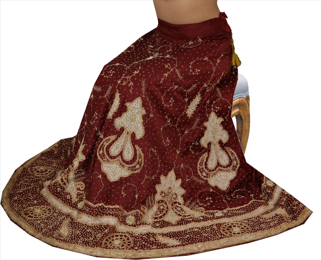 Vintage Indian Wedding Women Long Skirt Hand Beaded Maroon M Size Lehenga