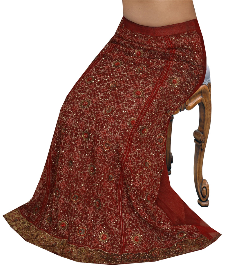 Sanskriti Vintage Red Net Mesh Long Skirt Indian Hand Beaded Zari Zardozi Sequin