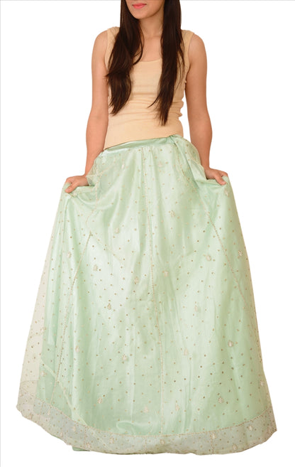 Sanskriti Vintage Green Net Skirt Long Stitched Bollywood Hand Beaded Zardozi L Size
