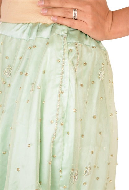 Sanskriti Vintage Green Net Skirt Long Stitched Bollywood Hand Beaded Zardozi L Size