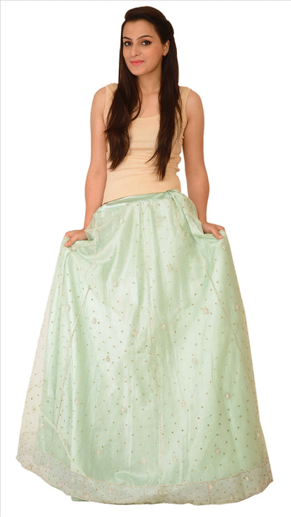 Sanskriti Vintage Green Net Skirt Long Stitched Bollywood Hand Beaded Zardozi L Size