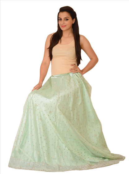 Sanskriti Vintage Green Net Skirt Long Stitched Bollywood Hand Beaded Zardozi L Size