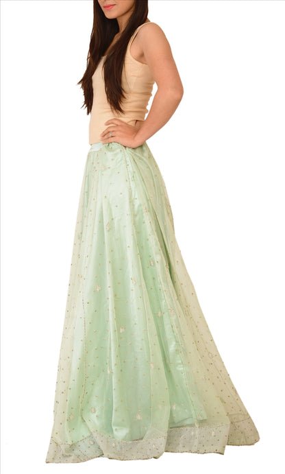 Sanskriti Vintage Green Net Skirt Long Stitched Bollywood Hand Beaded Zardozi L Size