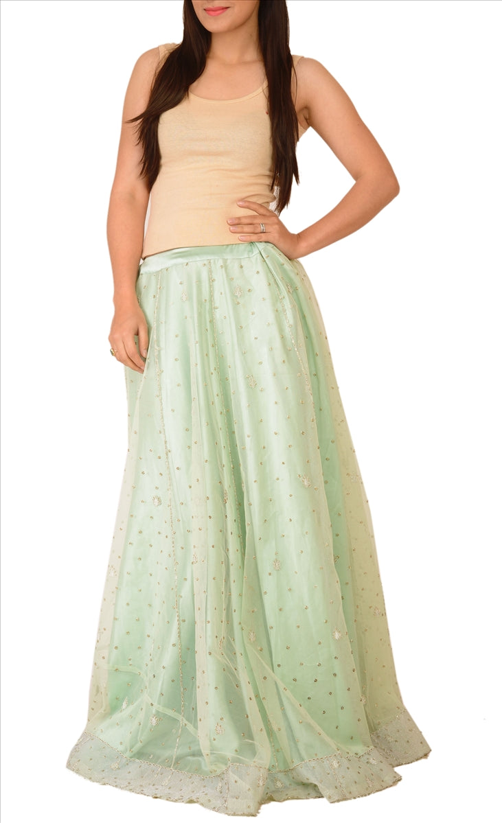 Sanskriti Vintage Green Net Skirt Long Stitched Bollywood Hand Beaded Zardozi L Size