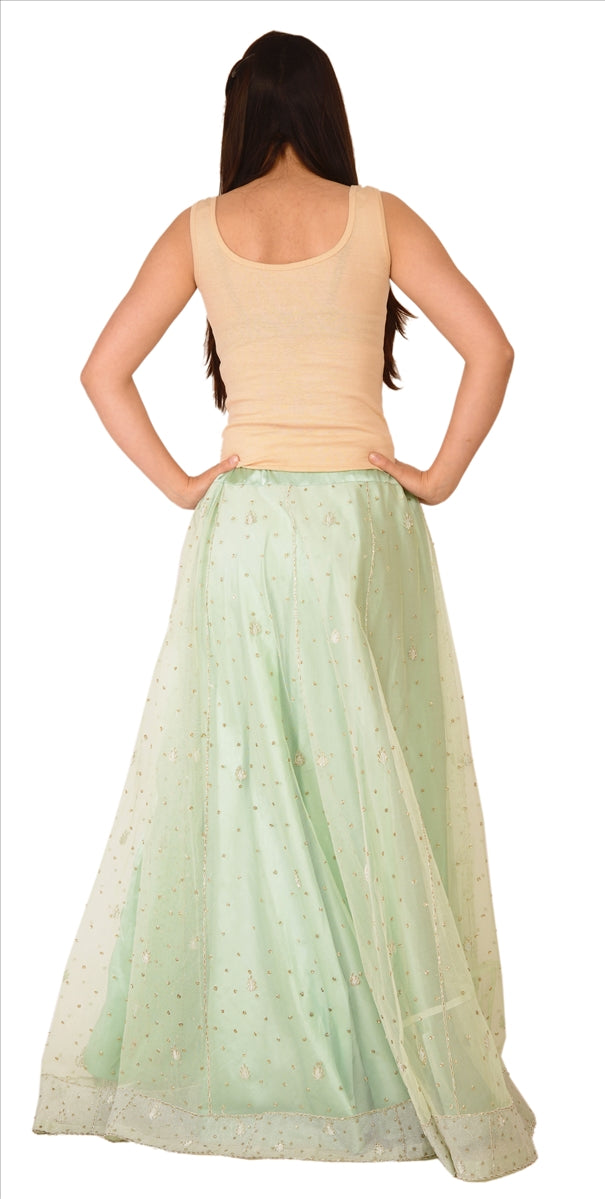 Sanskriti Vintage Green Net Skirt Long Stitched Bollywood Hand Beaded Zardozi L Size