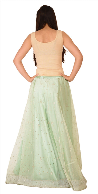 Sanskriti Vintage Green Net Skirt Long Stitched Bollywood Hand Beaded Zardozi L Size