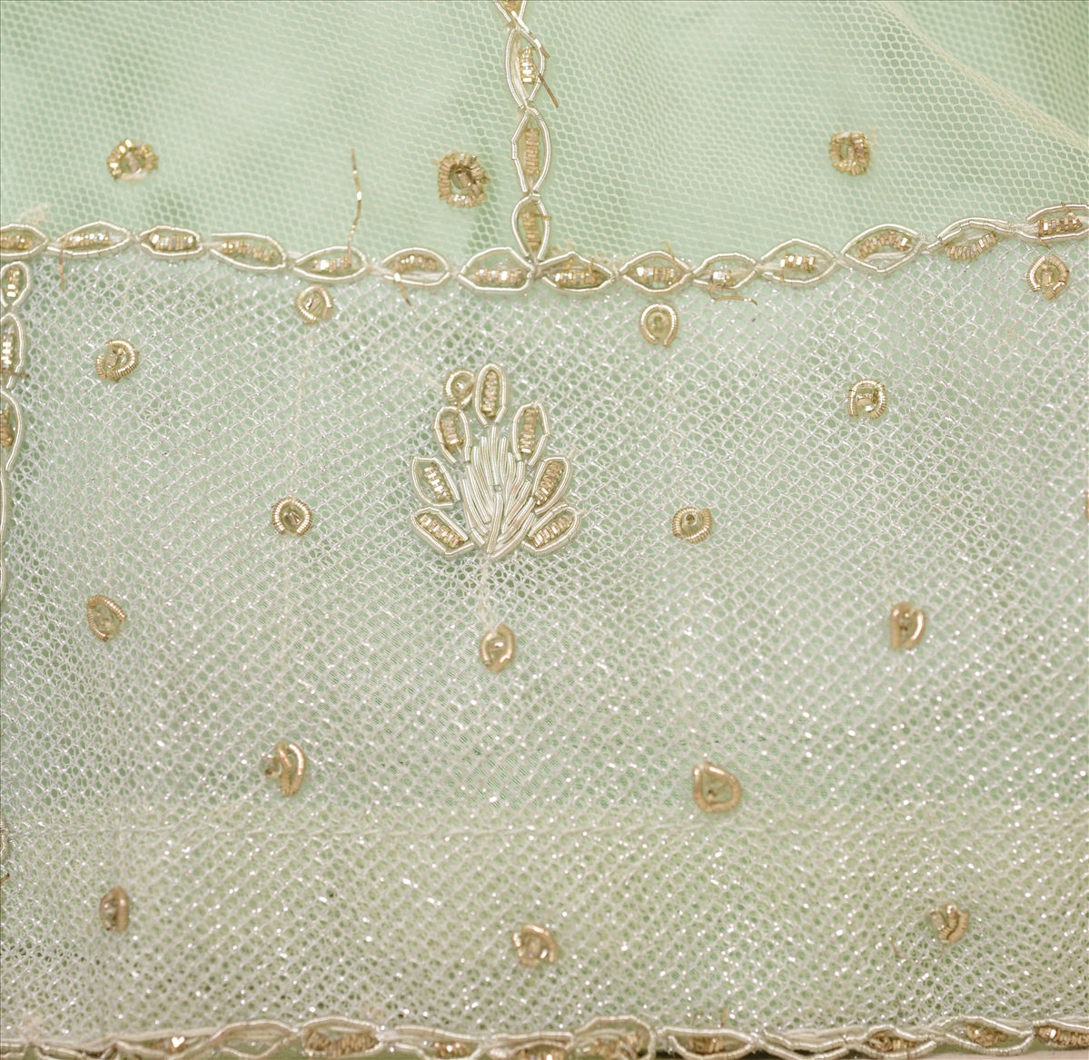 Sanskriti Vintage Green Net Skirt Long Stitched Bollywood Hand Beaded Zardozi L Size