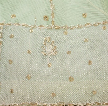 Sanskriti Vintage Green Net Skirt Long Stitched Bollywood Hand Beaded Zardozi L Size
