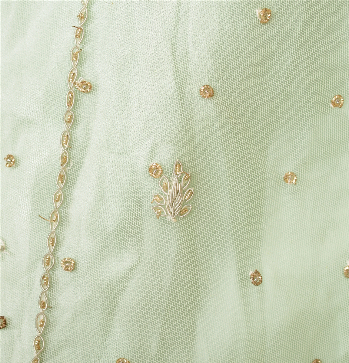 Sanskriti Vintage Green Net Skirt Long Stitched Bollywood Hand Beaded Zardozi L Size