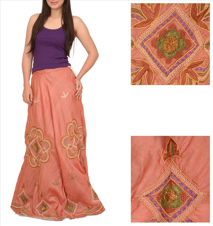 Sanskriti Vintage Indian Bollywood Women Long Skirt Hand Beaded Peach S Size Lehenga