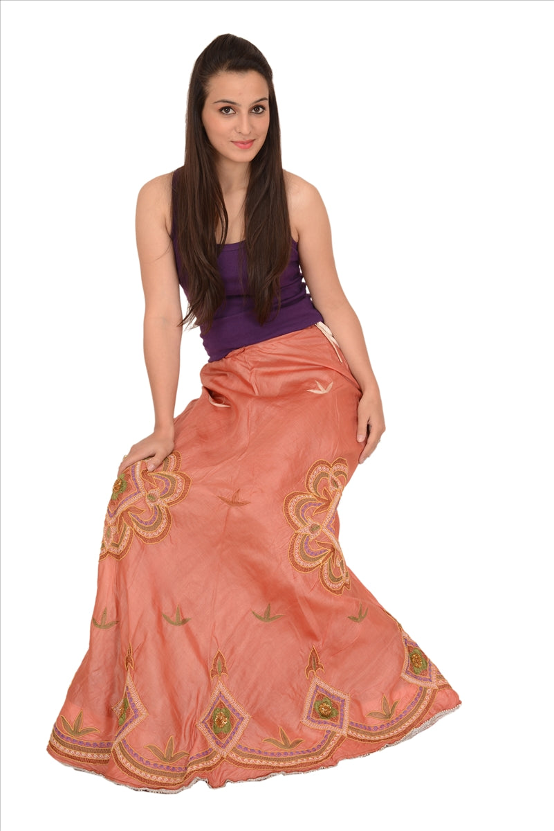 Sanskriti Vintage Indian Bollywood Women Long Skirt Hand Beaded Peach S Size Lehenga