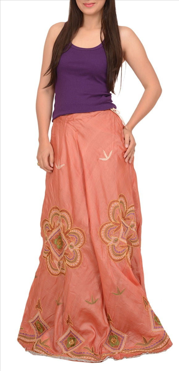 Sanskriti Vintage Indian Bollywood Women Long Skirt Hand Beaded Peach S Size Lehenga