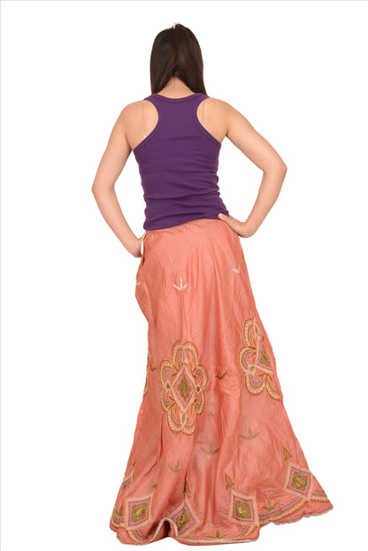 Sanskriti Vintage Indian Bollywood Women Long Skirt Hand Beaded Peach S Size Lehenga