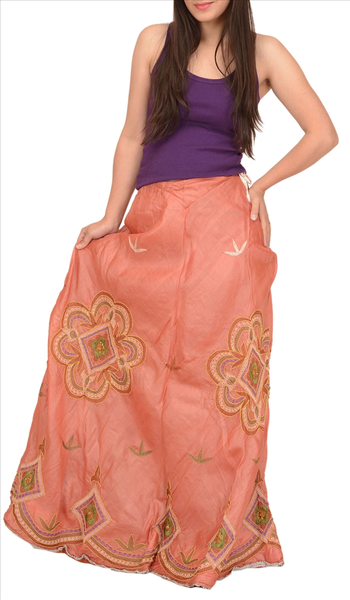 Sanskriti Vintage Indian Bollywood Women Long Skirt Hand Beaded Peach S Size Lehenga