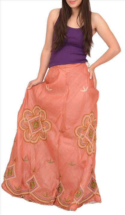 Sanskriti Vintage Indian Bollywood Women Long Skirt Hand Beaded Peach S Size Lehenga
