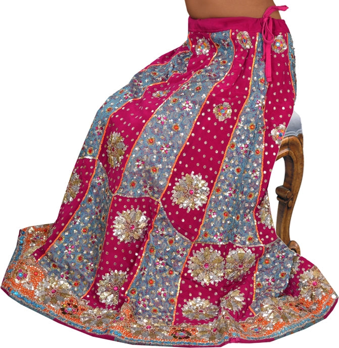 Vintage Indian Bollywood Women Long Skirt Hand Beaded Pink Blue L Size Lehenga