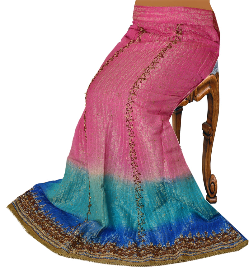 Sanskriti Vintage Pink & Blue Cotton Skirt Long Stitched Hand Beaded Zardozi Zari Woven