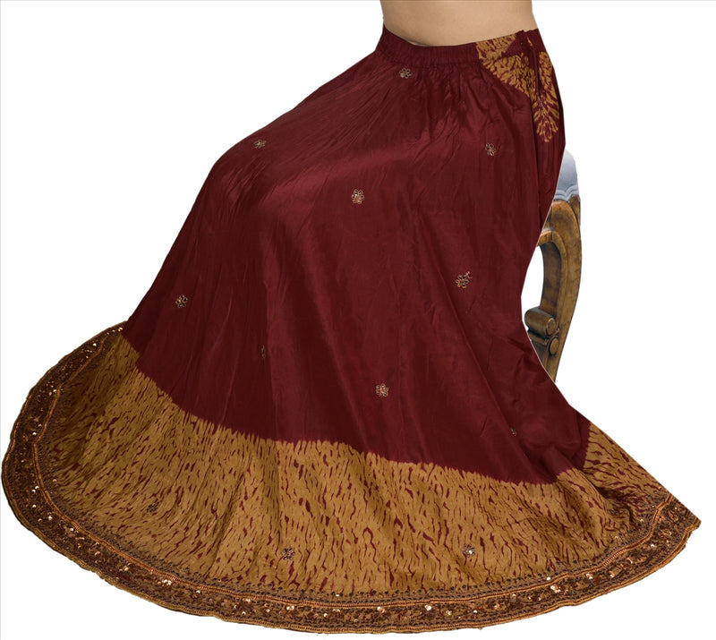 Sanskriti Vintage Red & Beige Pure Silk Stitched Long Skirt Hand Beaded Leheria Work Sequins