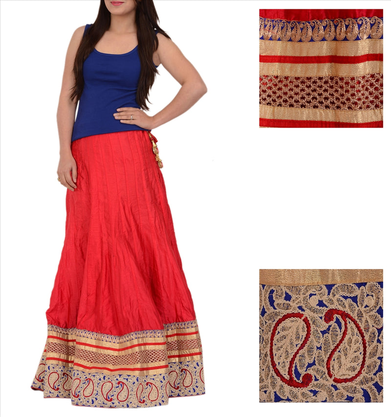 Sanskriti Vintage Red Art Silk Skirt Stitched Long Embroidered Bollywood Wedding
